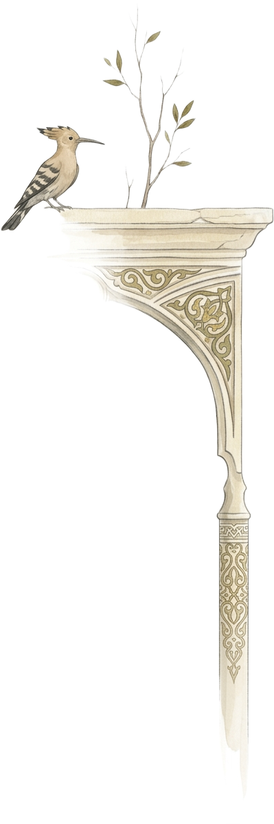 A small hoopoe resting on a carved stone ledge above an ornamented arch and slender column, a quiet symbol of guidance